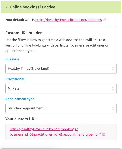 Screen to customize a URL for online bookings.