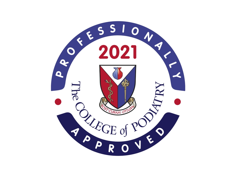 Logo: The College of Podiatry Professionally Approved 2021