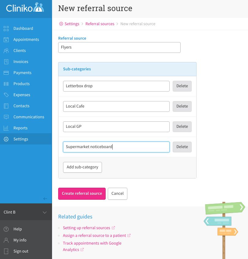 New referral source form in Cliniko
