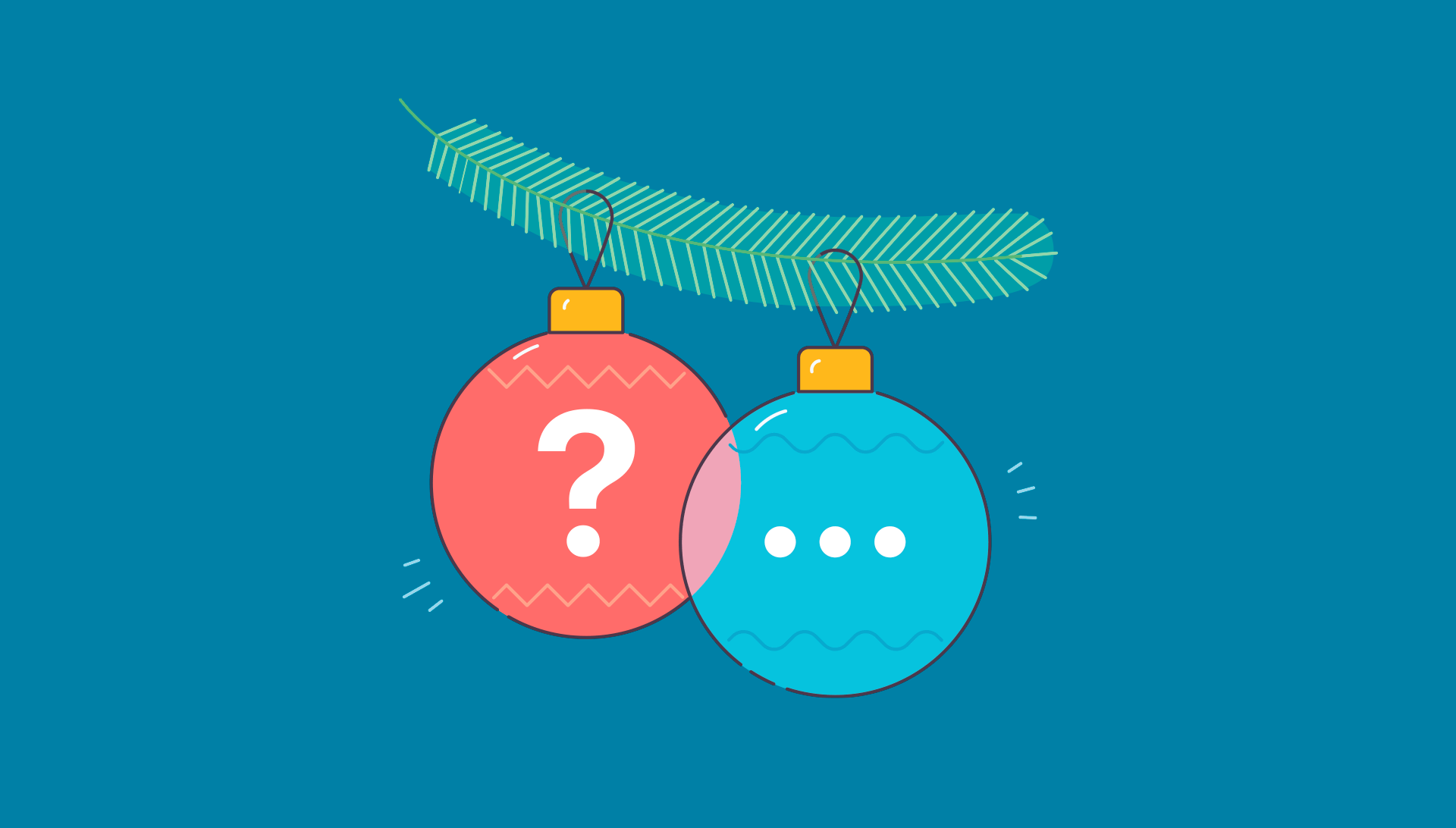 An illustration of red and blue Christmas ornaments hanging from a tree leaf with a question mark and an ellipse inside them