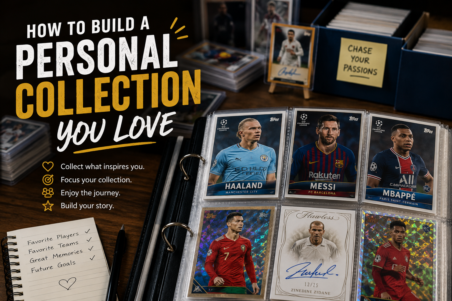 Sports card collection displayed in a binder with football trading cards, showcasing a personalized collection built around favorite players, teams, and memories.