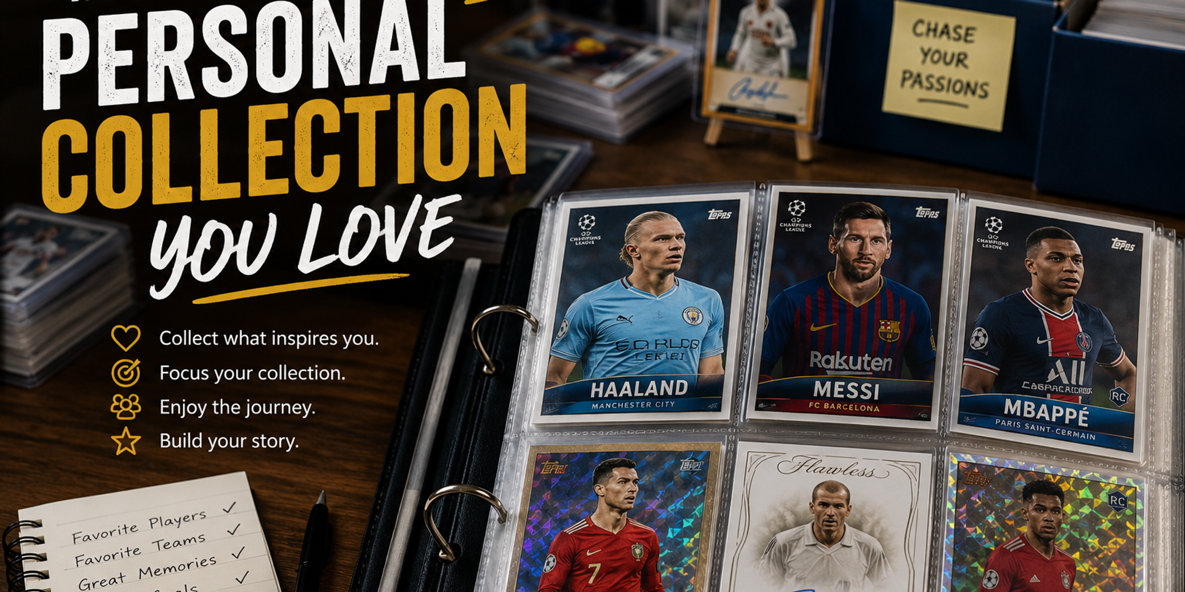 Sports card collection displayed in a binder with football trading cards, showcasing a personalized collection built around favorite players, teams, and memories.