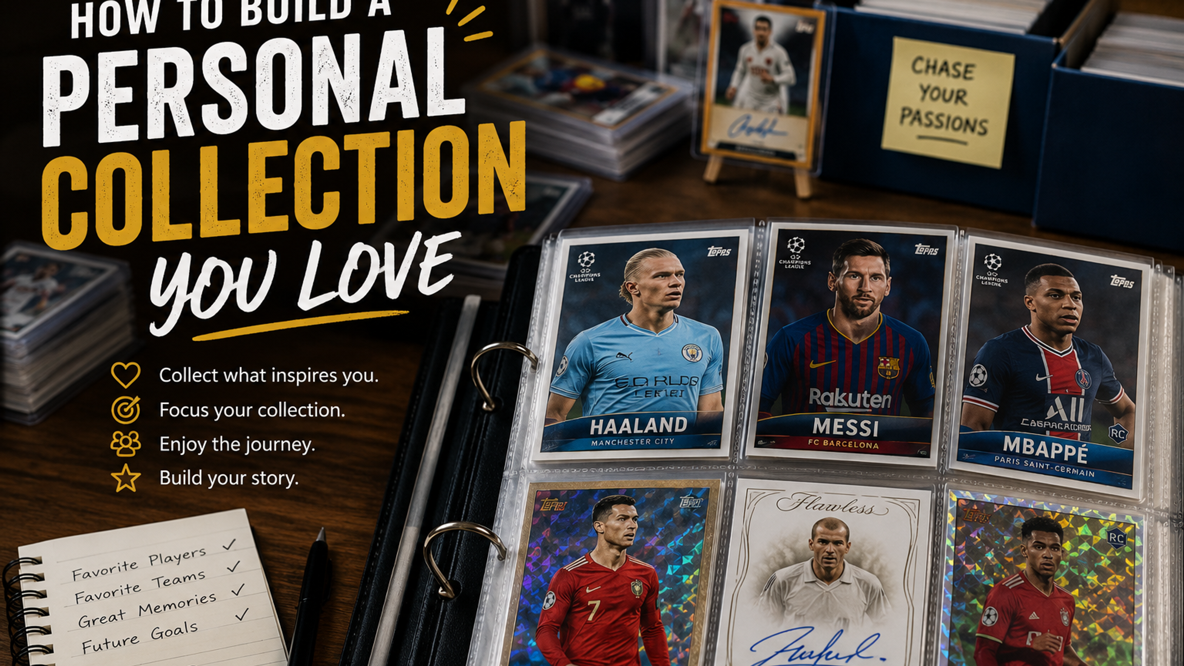 Sports card collection displayed in a binder with football trading cards, showcasing a personalized collection built around favorite players, teams, and memories.