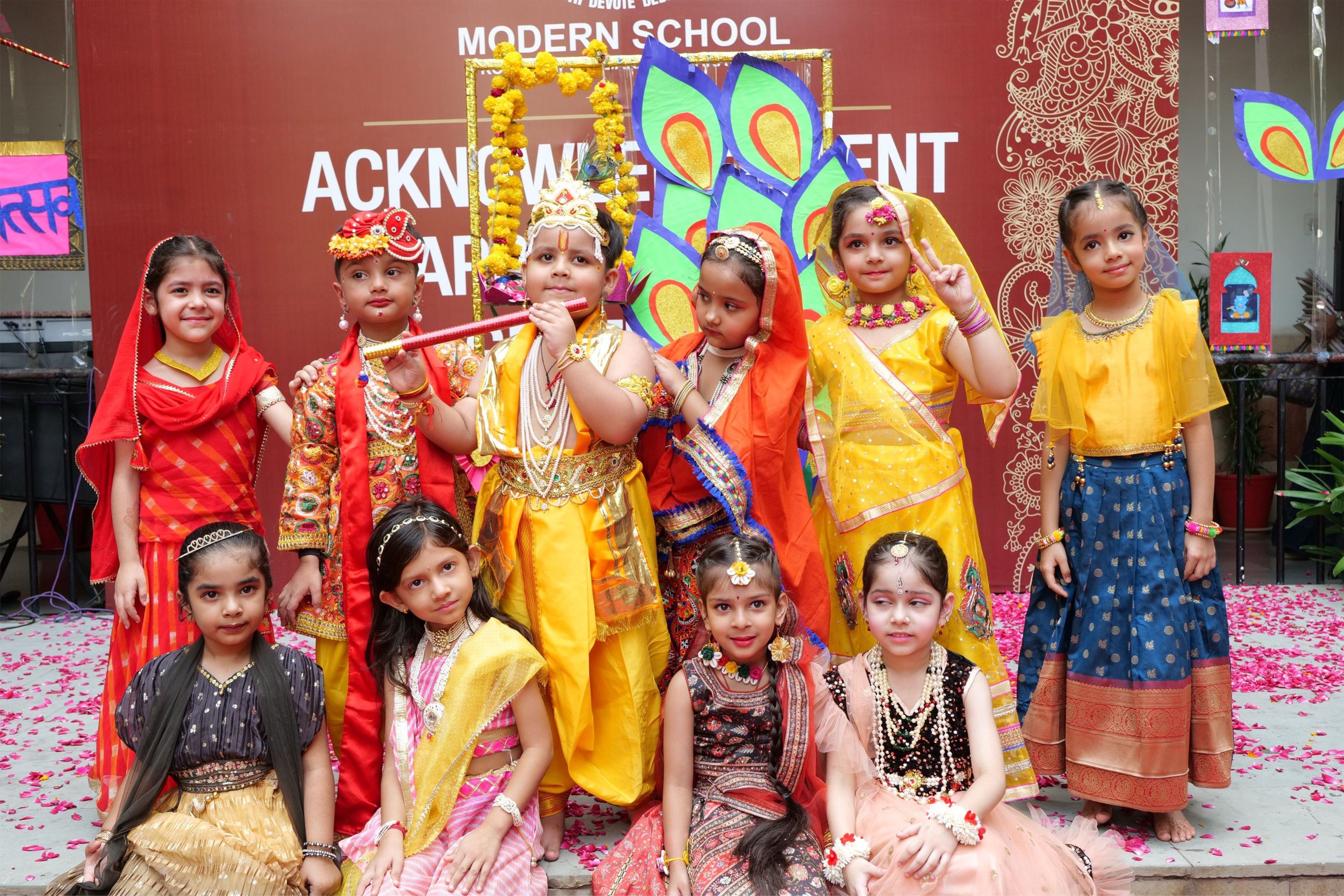 Young pupils dressed as Krishna and Radha for Janmashtami