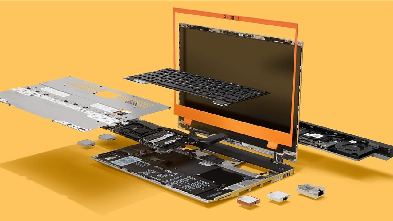 Framework laptop disassembled with parts seemingly floating