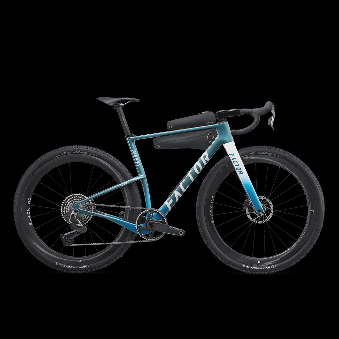 Factor Sarana gravel bike in teal with frame bags fitted and wide tyres, against a black background