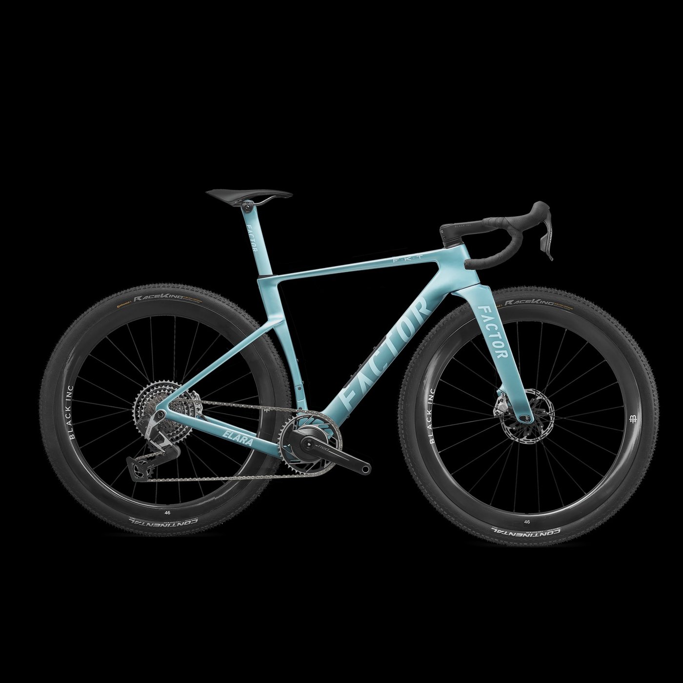 Factor Elara gravel bike in pale blue, side on against a black background