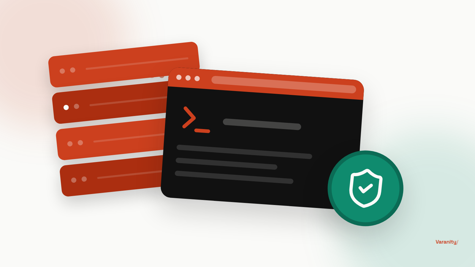 Illustration of a server stack with a terminal window open on it and a green shield with a check mark, showing a server being patched against an attack