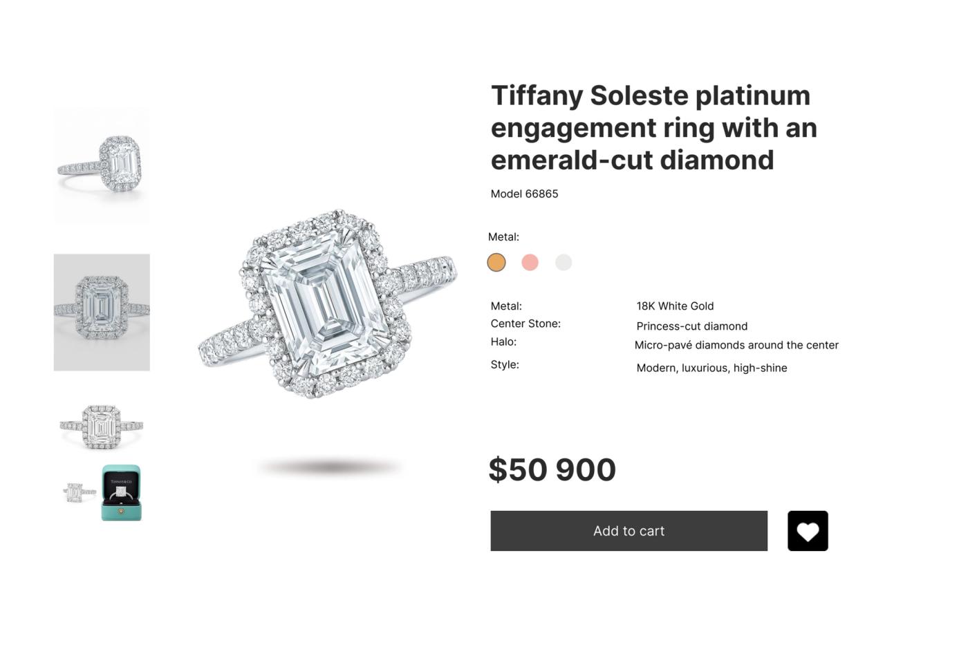 White Tiffany Soleste product-card mockup with ring thumbnails and a large emerald-cut ring on the left, plus a title, colour swatches, specifications, price, Add to cart button and heart icon on the right.
