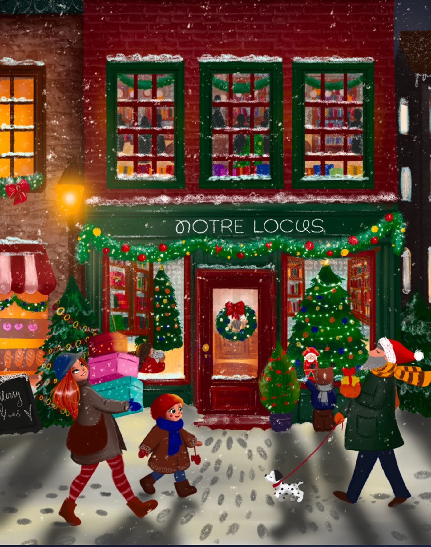 Holiday shopping scene: a family with gifts outside a decorated corner shop in the snow