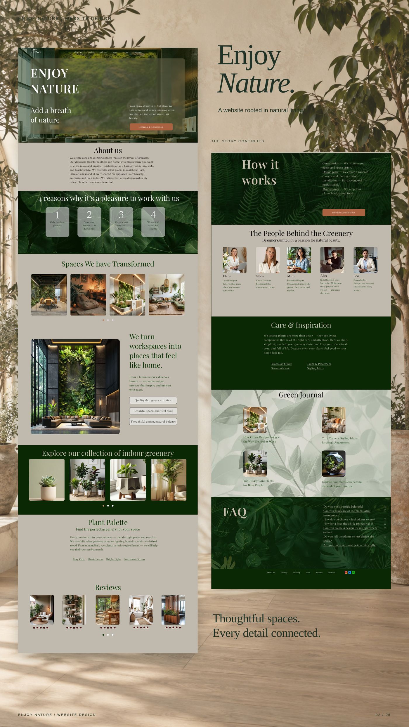 Enjoy Nature website presentation board with two columns of page sections on a sunlit studio background with plants and leaf shadows.
