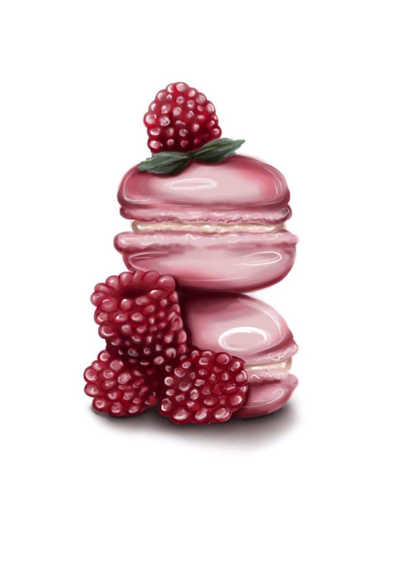 Raspberry macaron stack, realistic digital illustration