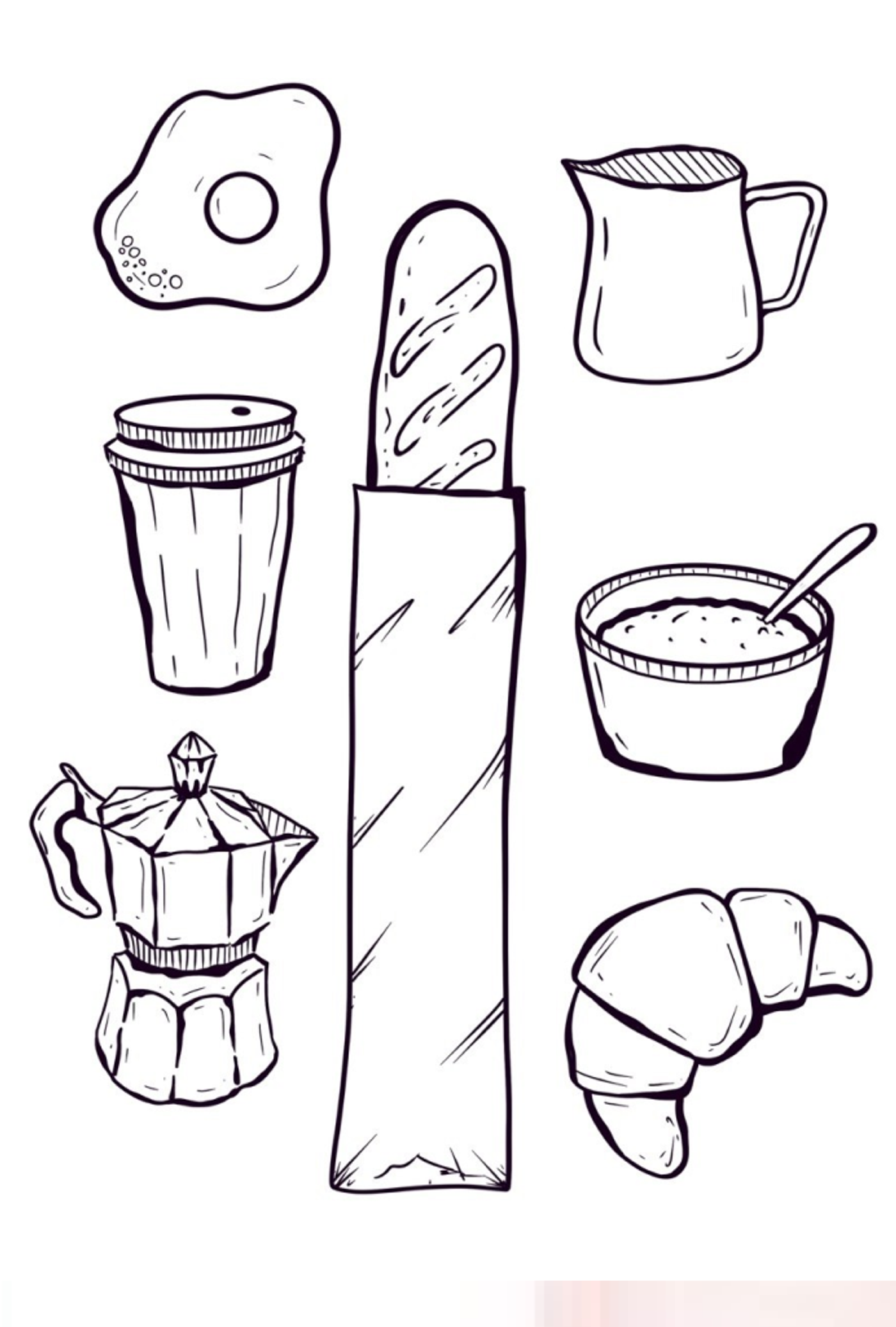 Line-art sheet: fried egg, baguette, milk jug, coffee cup, porridge bowl, moka pot, croissant