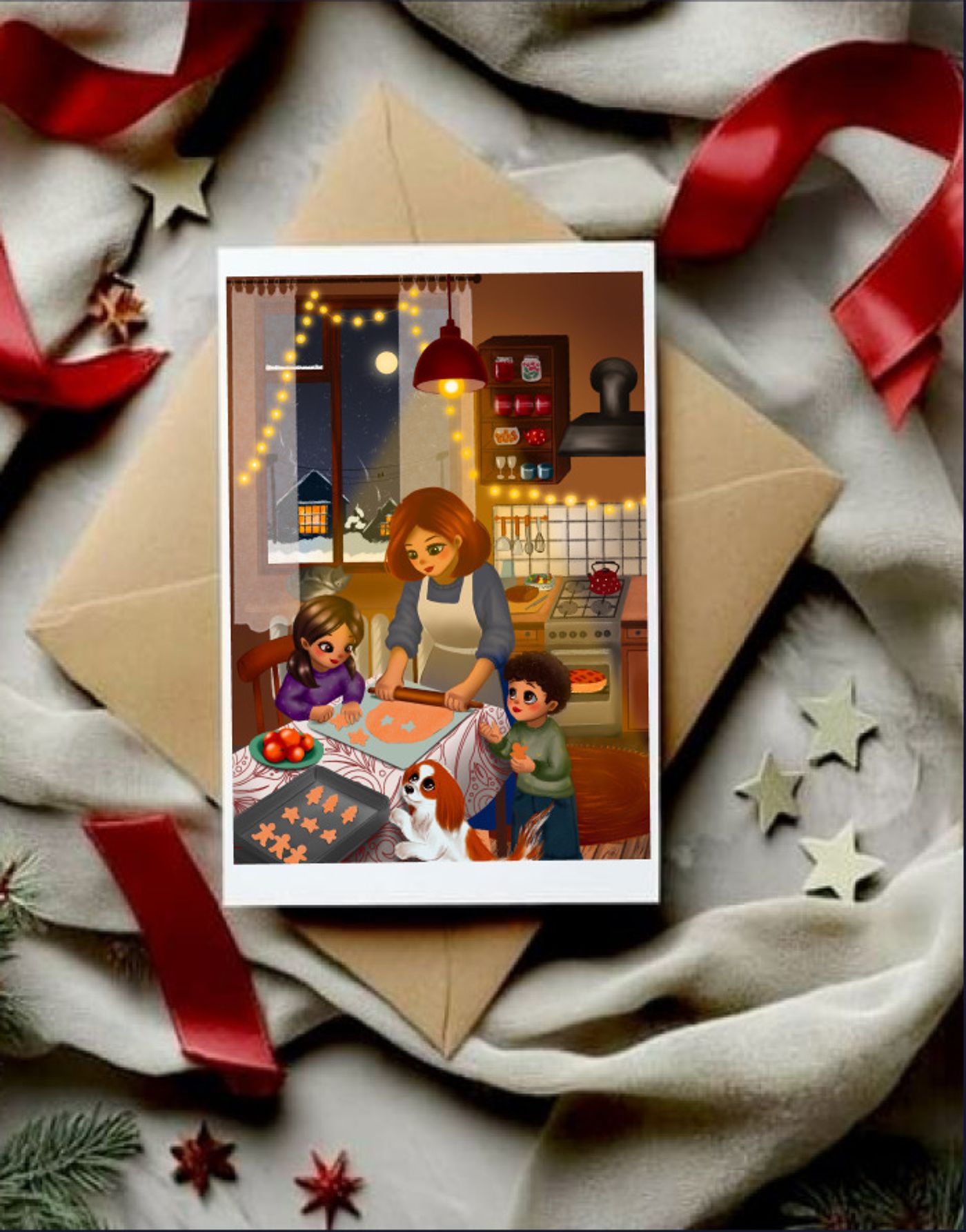 The family-traditions postcard on a kraft envelope with red ribbon and star cookies