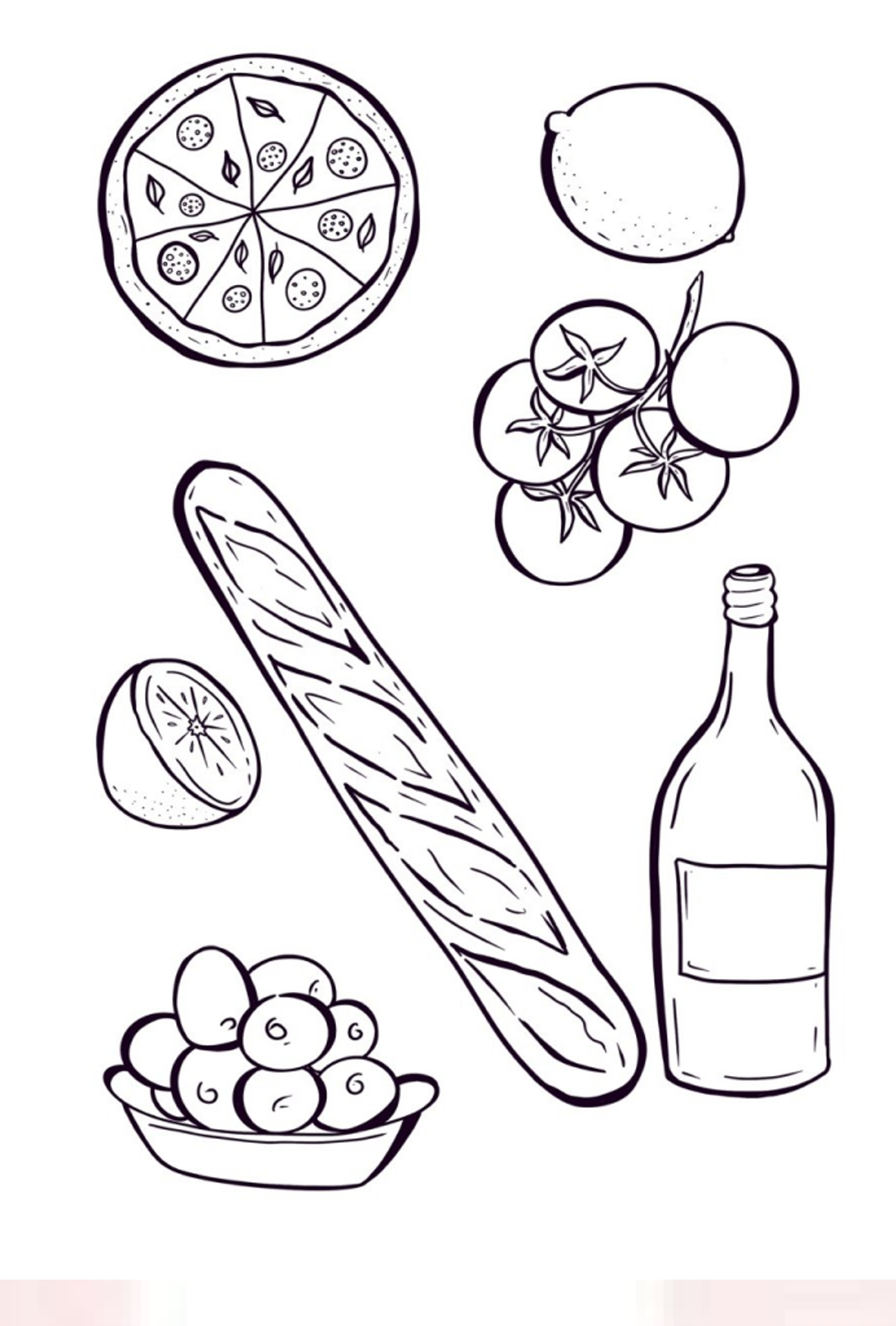 Line-art sheet: pizza, lemon, tomatoes, baguette, wine bottle, bowl of eggs