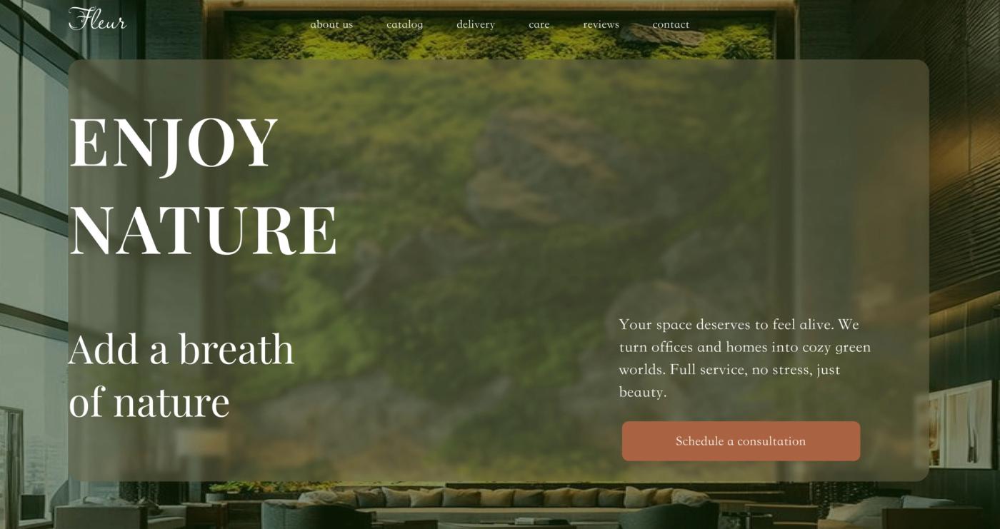Enjoy Nature website hero with navigation, the title ENJOY NATURE, the line Add a breath of nature and a consultation button over a planted interior.