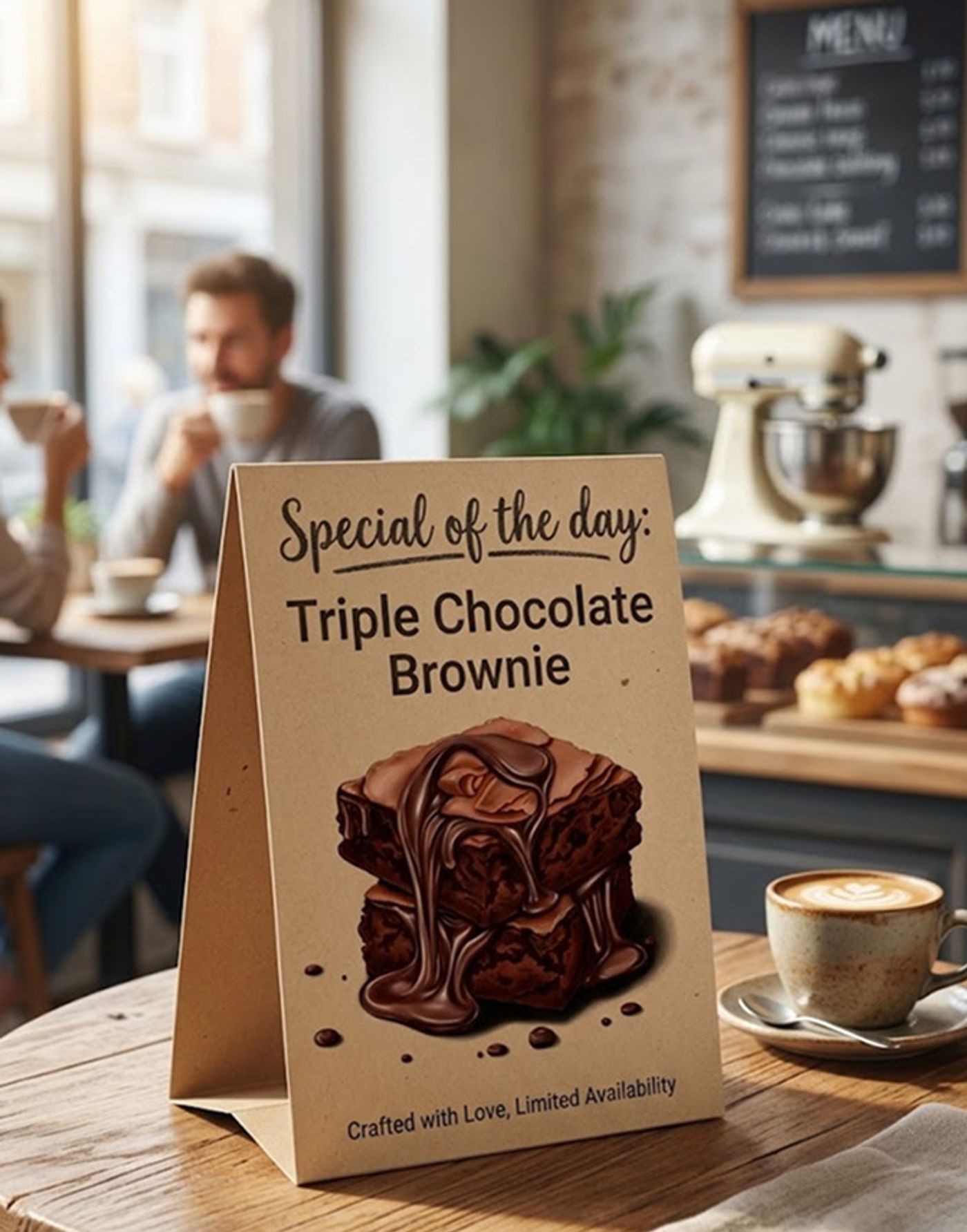 Special of the day table sign with the brownie illustration, in a cafe