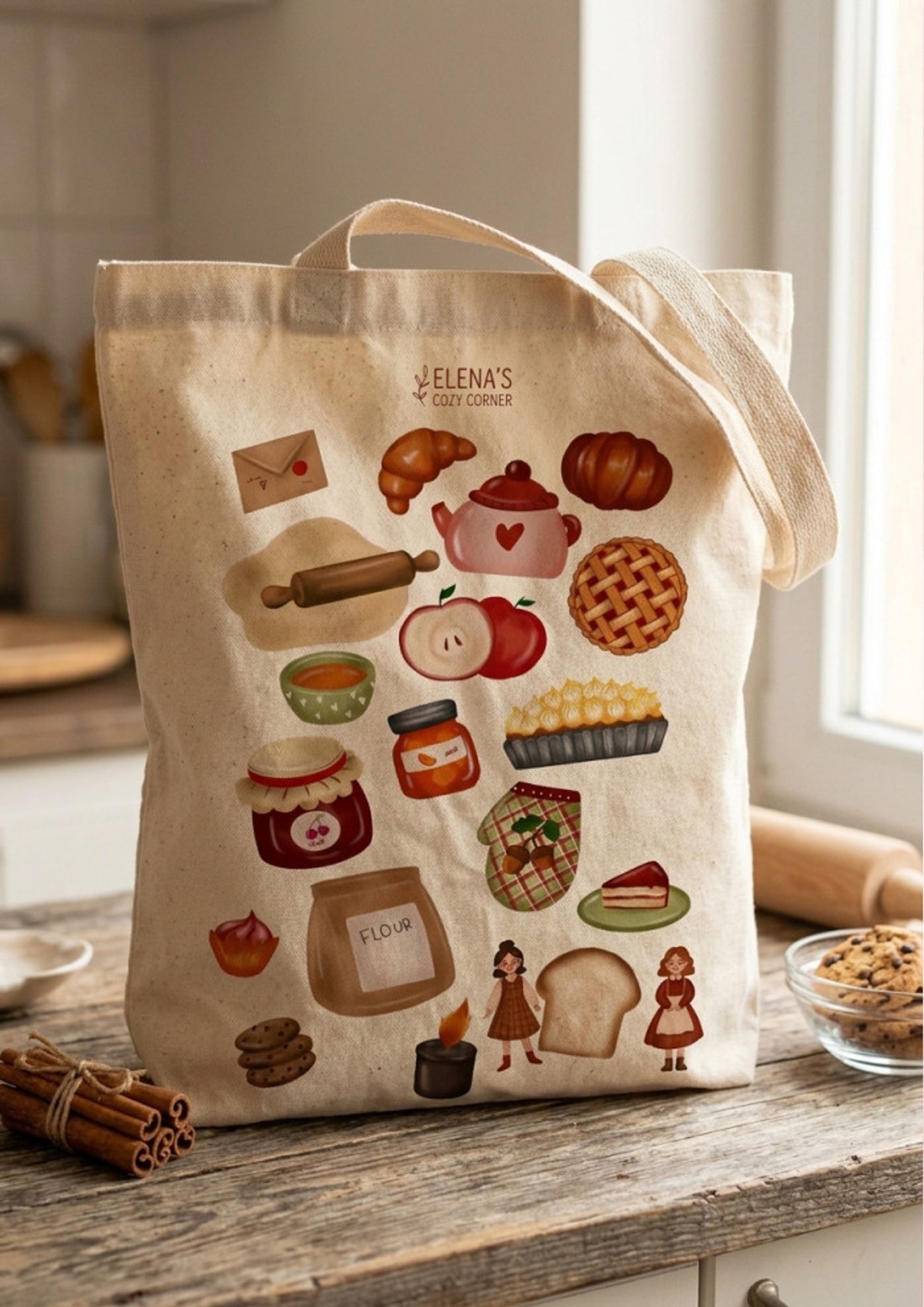 Canvas tote bag printed with the colourful bakery pattern, on a kitchen counter