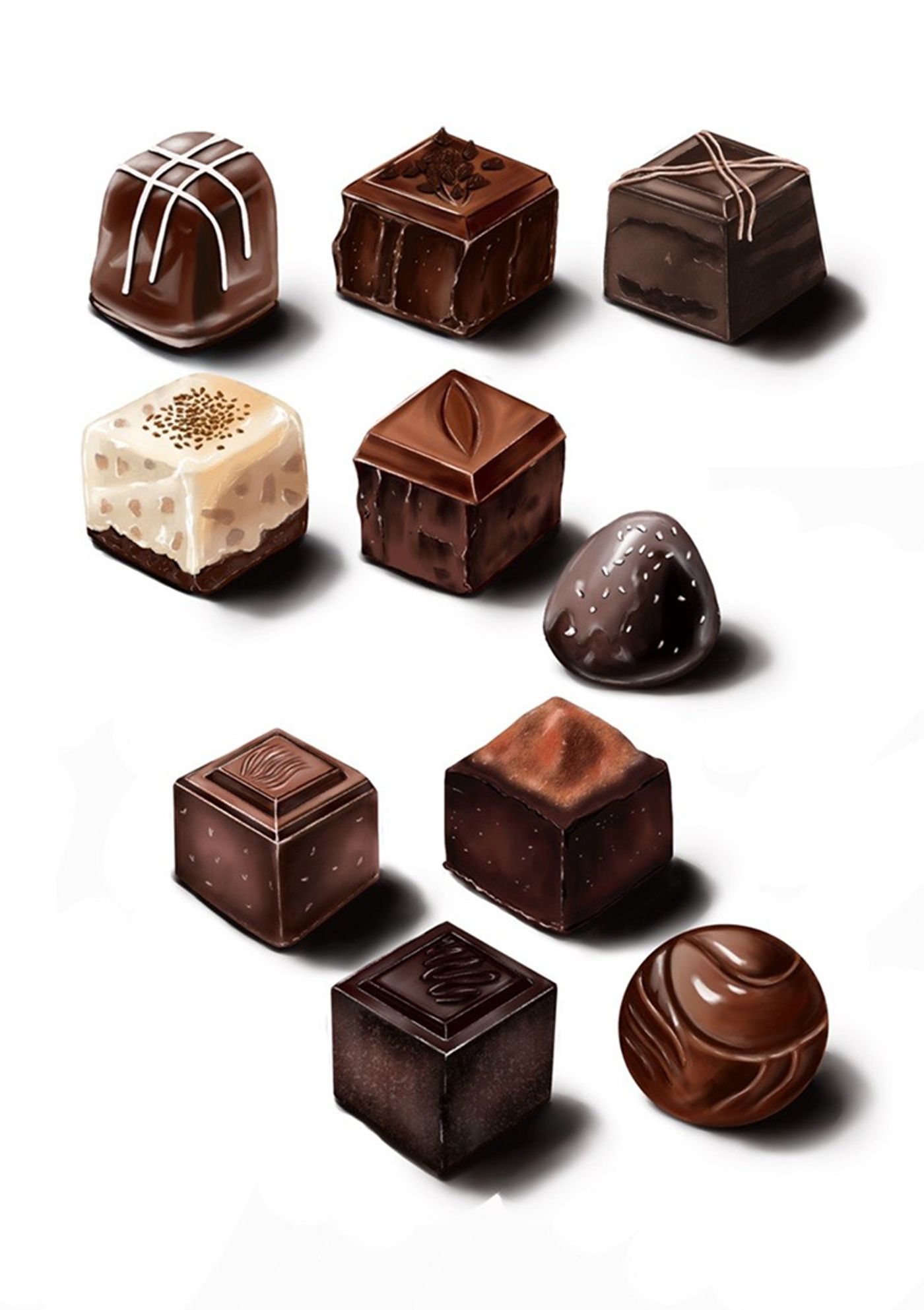 Assorted chocolate pralines, realistic digital illustration