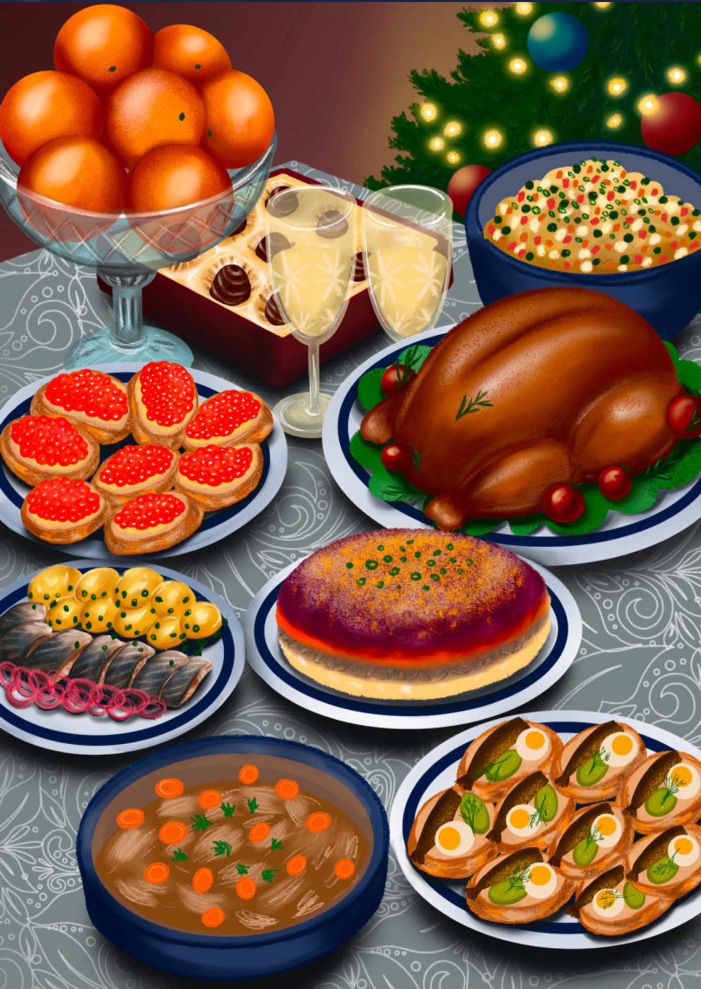 New Year's Eve dinner: a festive table with tangerines, roast bird, caviar sandwiches and champagne