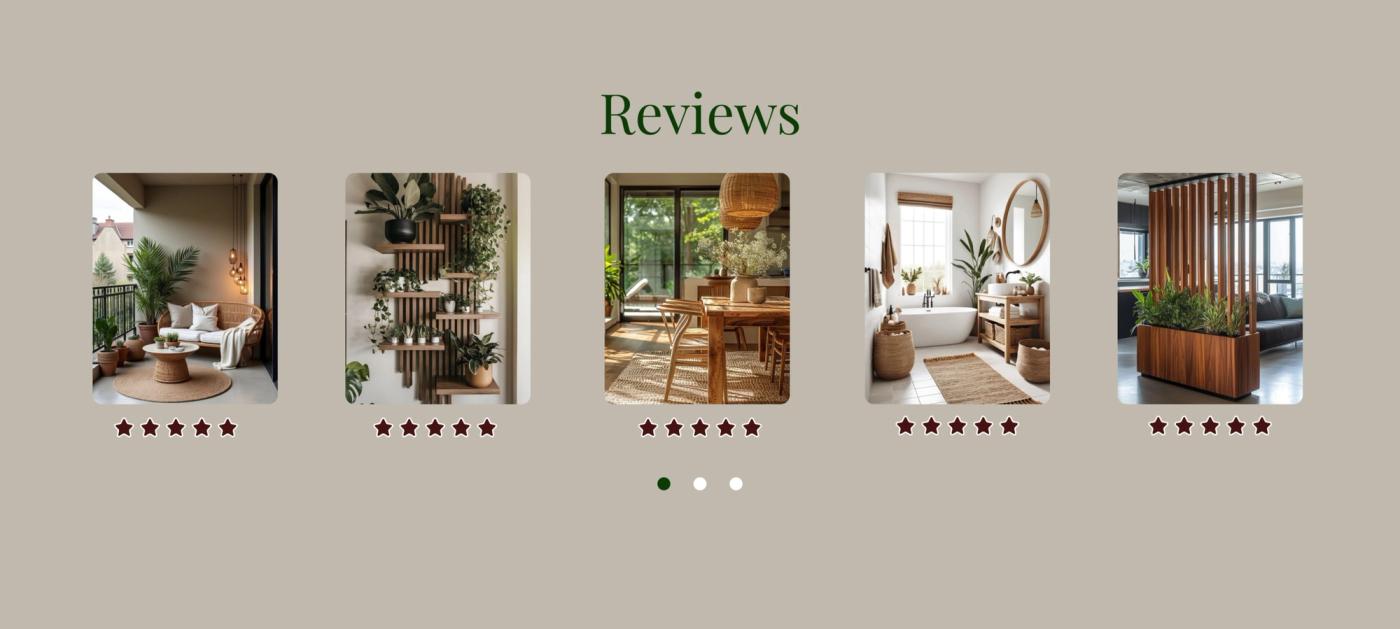 Reviews section showing five interior photographs with five-star ratings and carousel dots on beige.