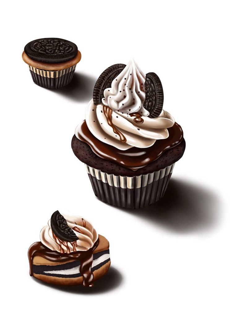 Chocolate cupcakes with cookie topping, realistic digital illustration