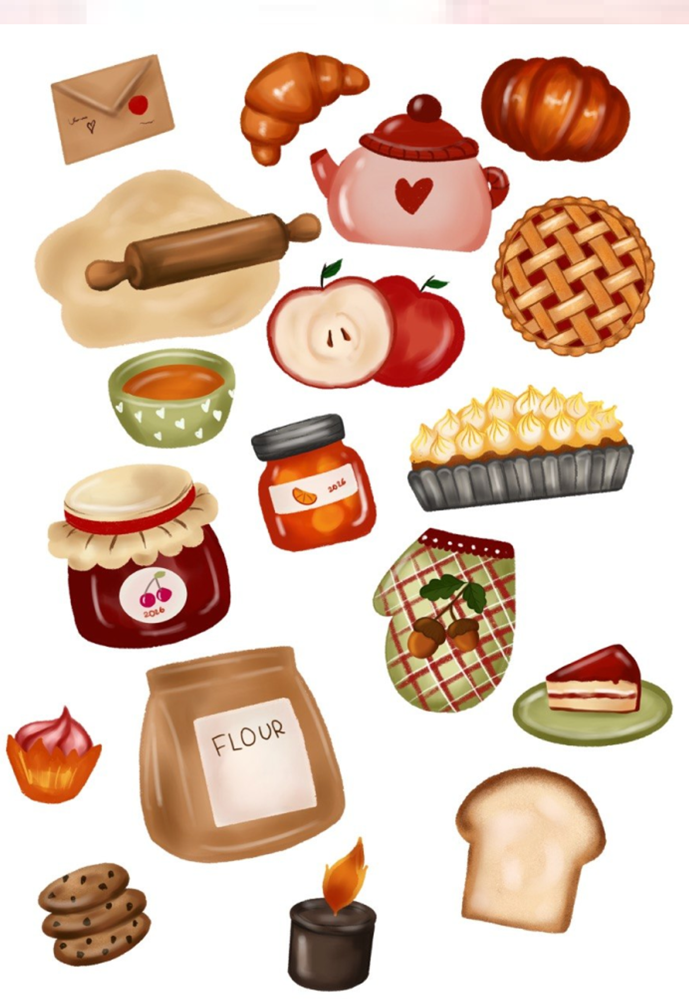 Full illustrated pattern: colourful bakery items — croissants, pies, jam jars, apples, cookies