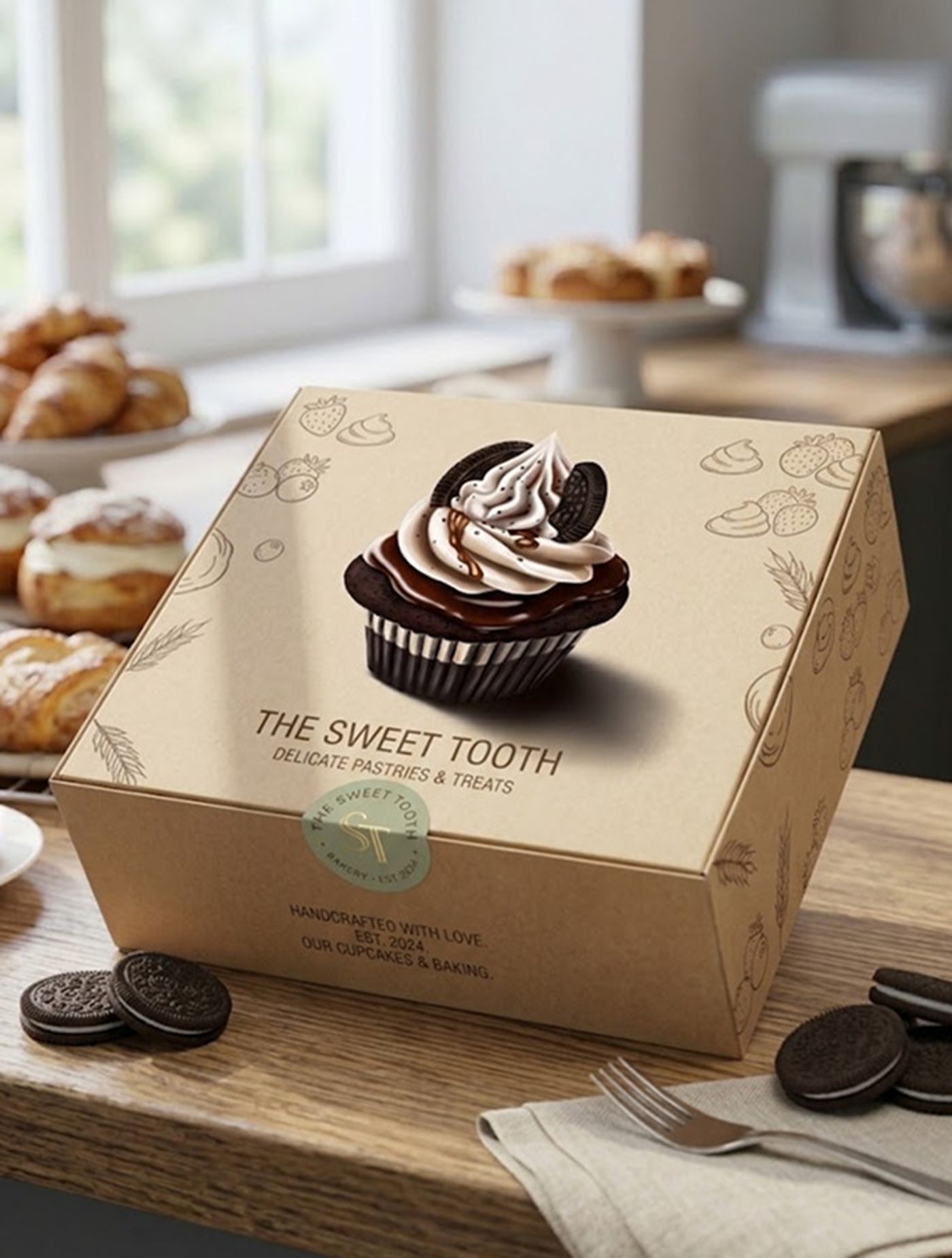 The Sweet Tooth pastry box with the cupcake illustration, on a bakery counter