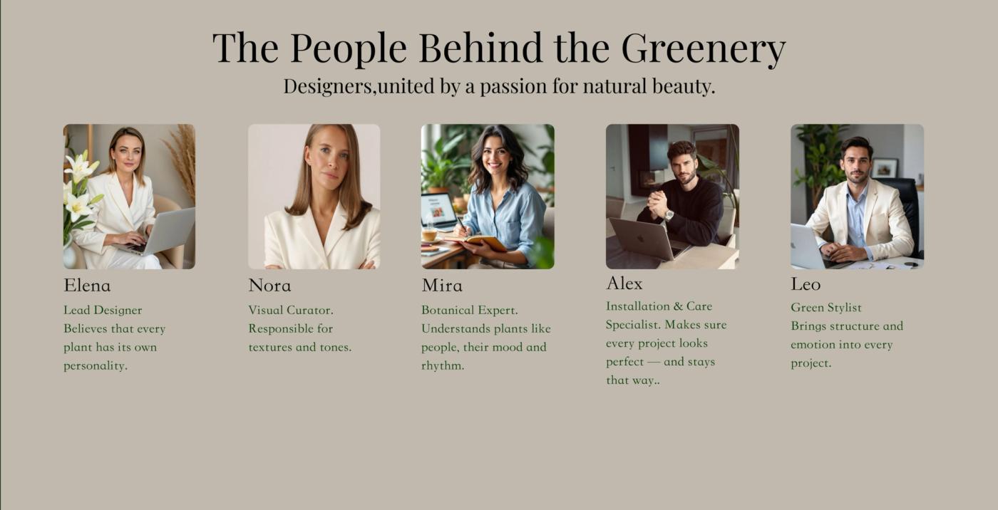 The People Behind the Greenery section with five team portraits, names, roles and short descriptions on beige.