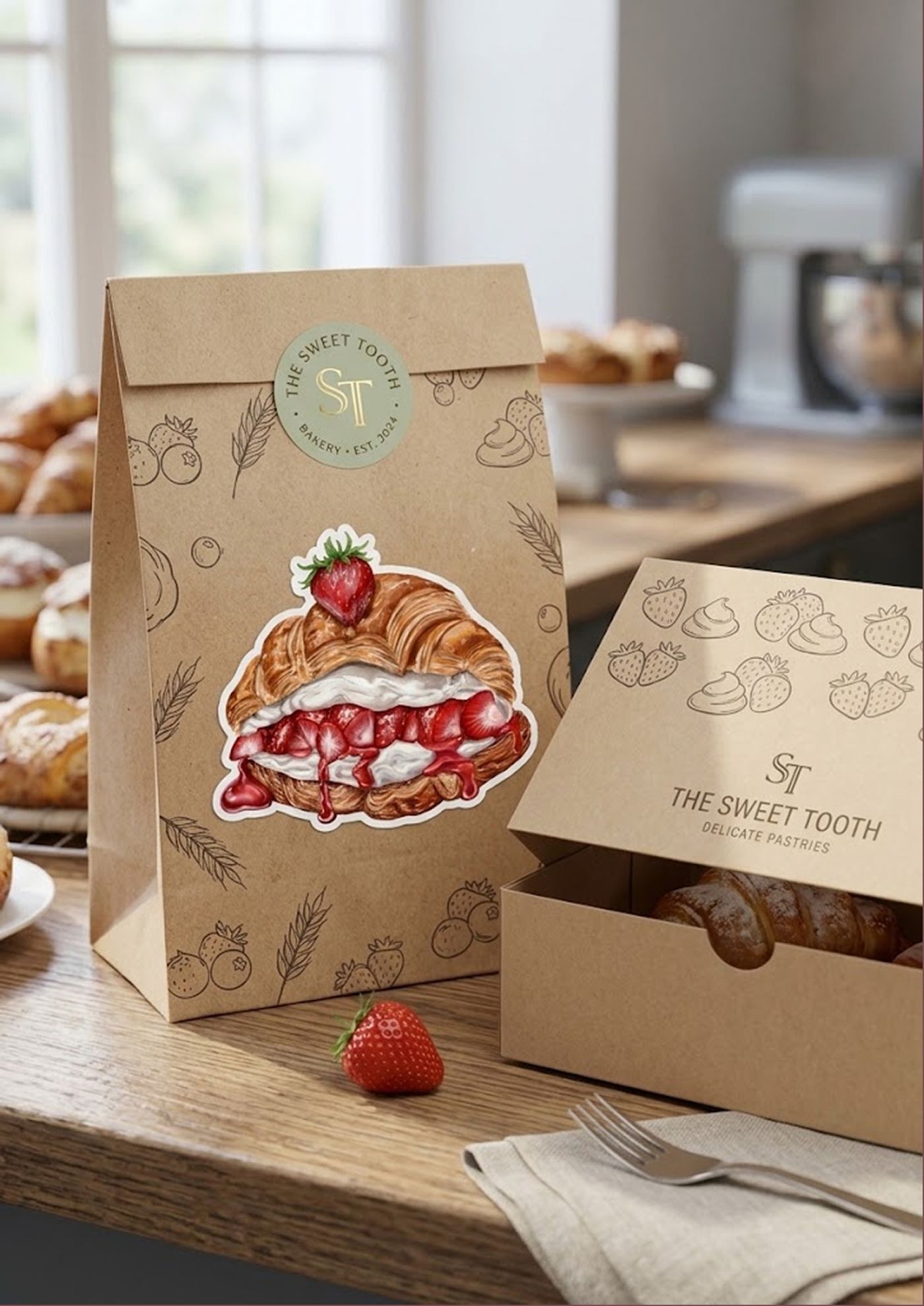 The Sweet Tooth kraft bag and pastry box with a strawberry croissant illustration, on a bakery counter