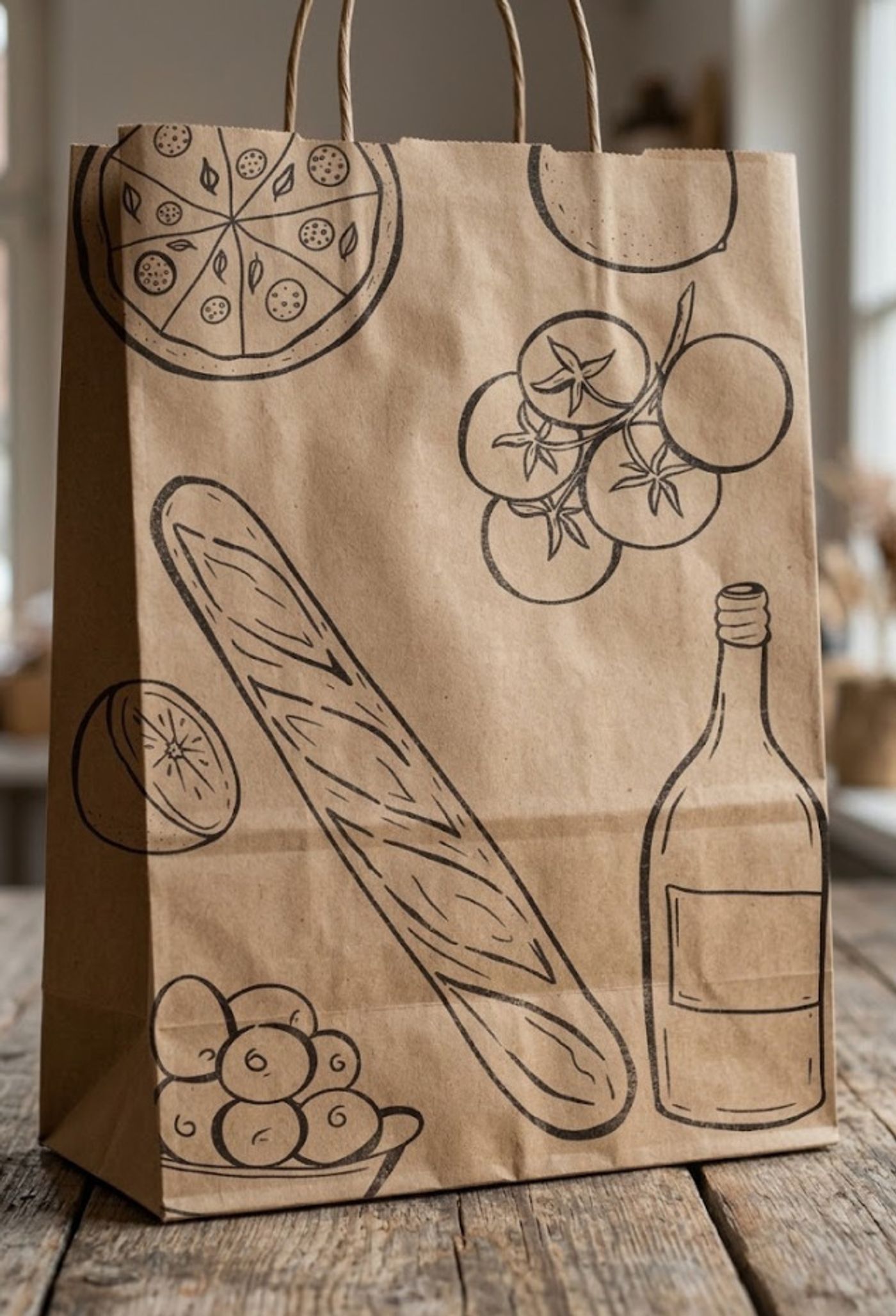 Kraft paper bag printed with line-art food illustrations, on a wooden table