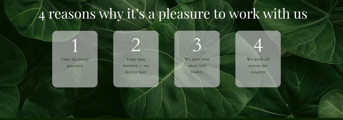 Four numbered reasons to work with the greenery studio, arranged across a dark leafy background.