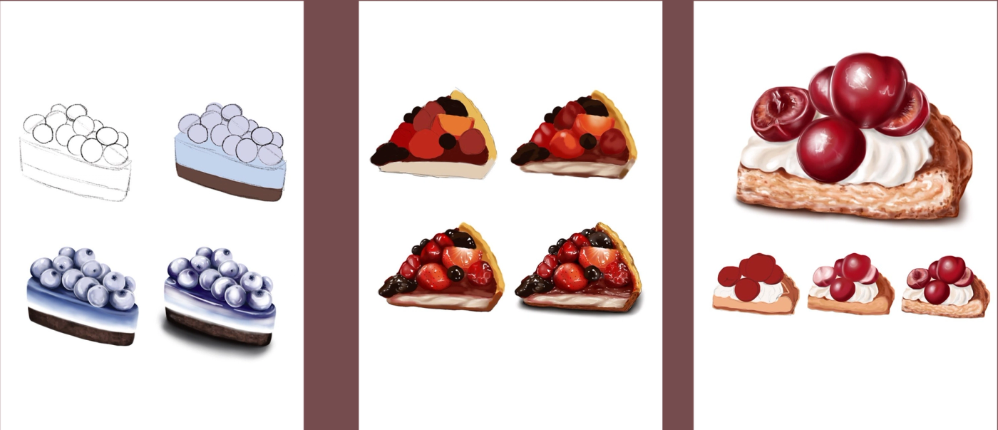 Step-by-step render process: from line sketch to finished dessert illustration