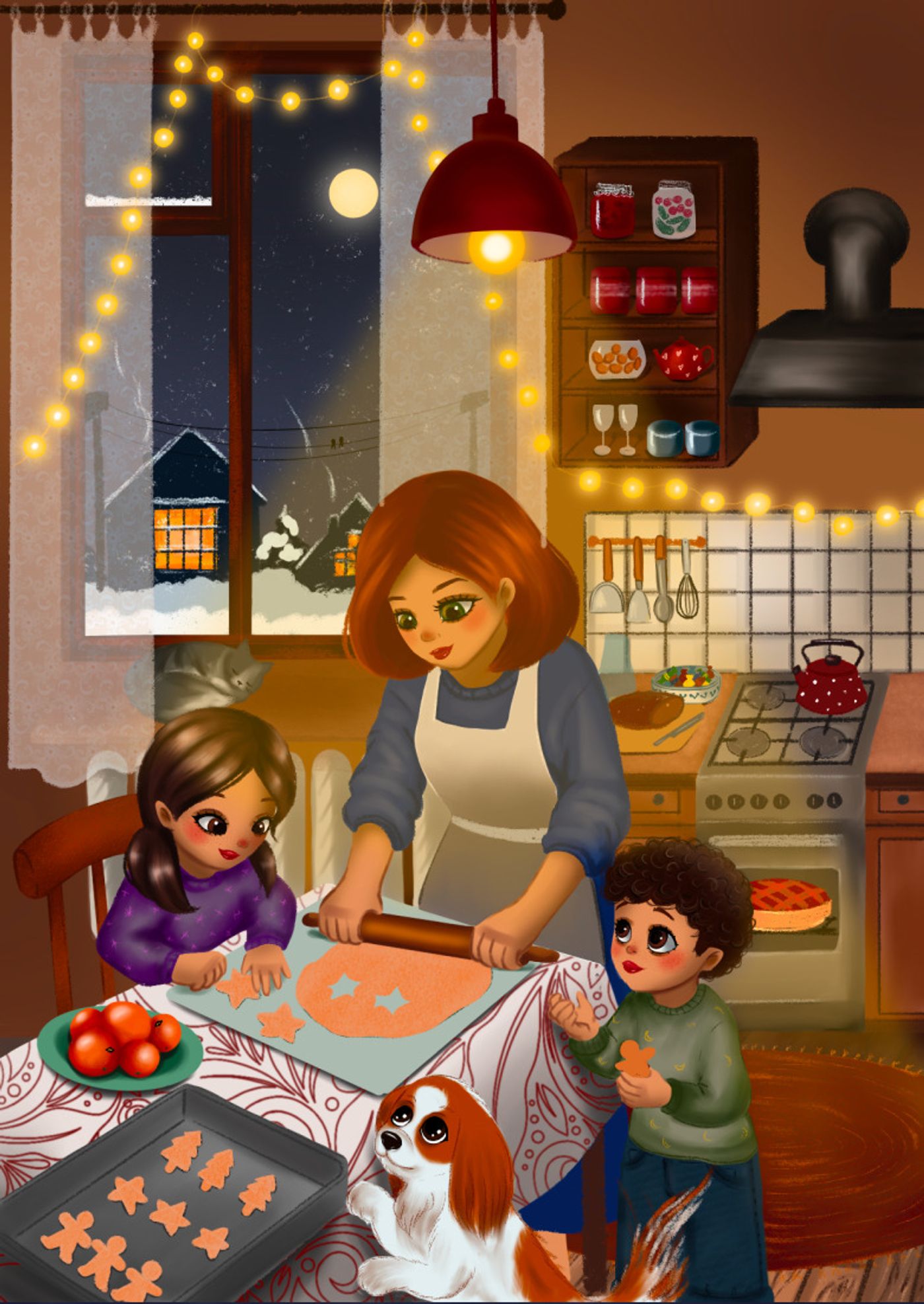 Cozy family traditions: a mother and two children baking gingerbread in a warm kitchen while a spaniel watches