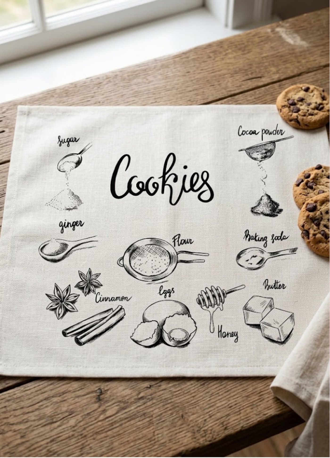 Linen tea towel printed with the cookies recipe illustration, with chocolate-chip cookies