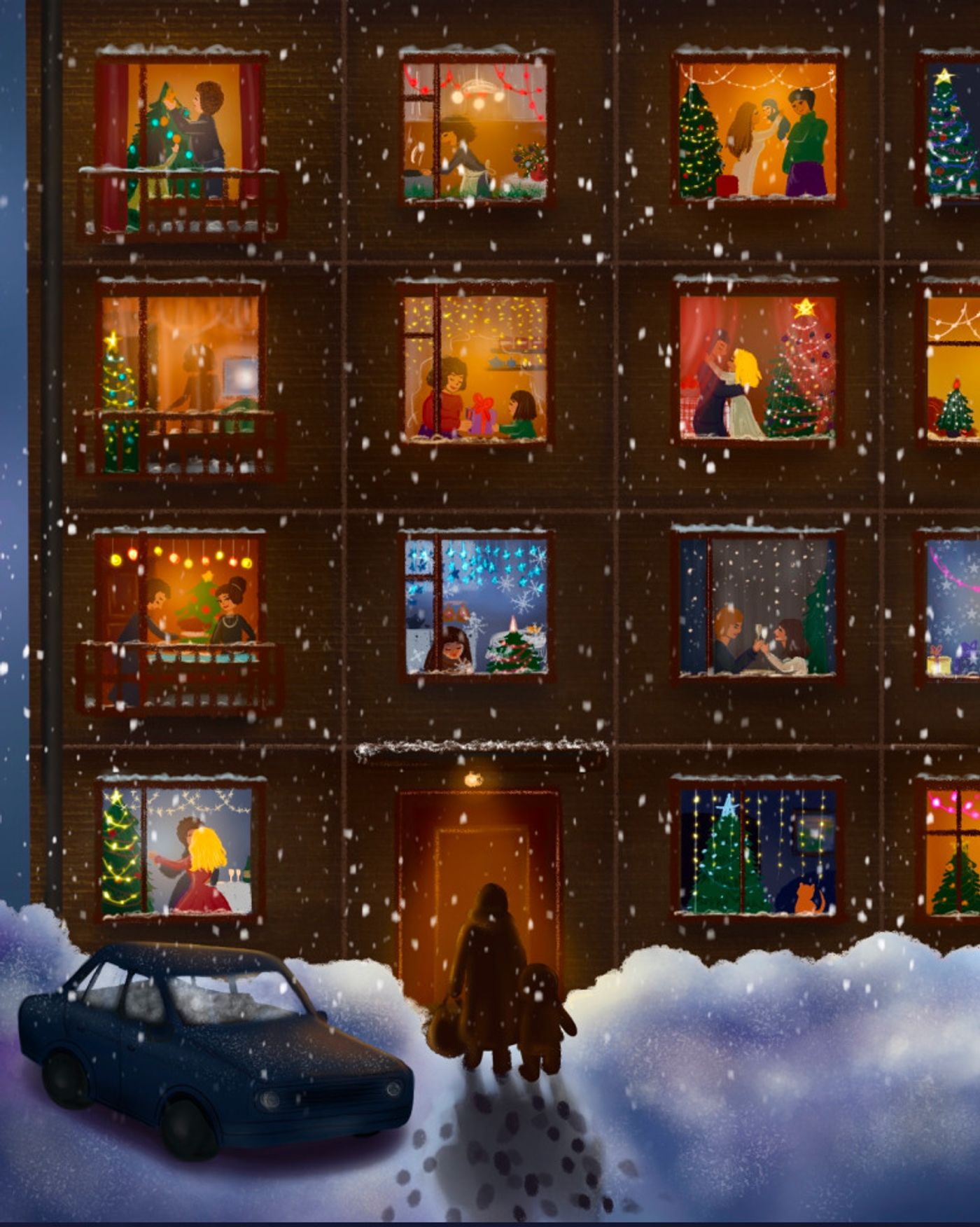Soviet apartment building at night with every lit window showing a family celebrating