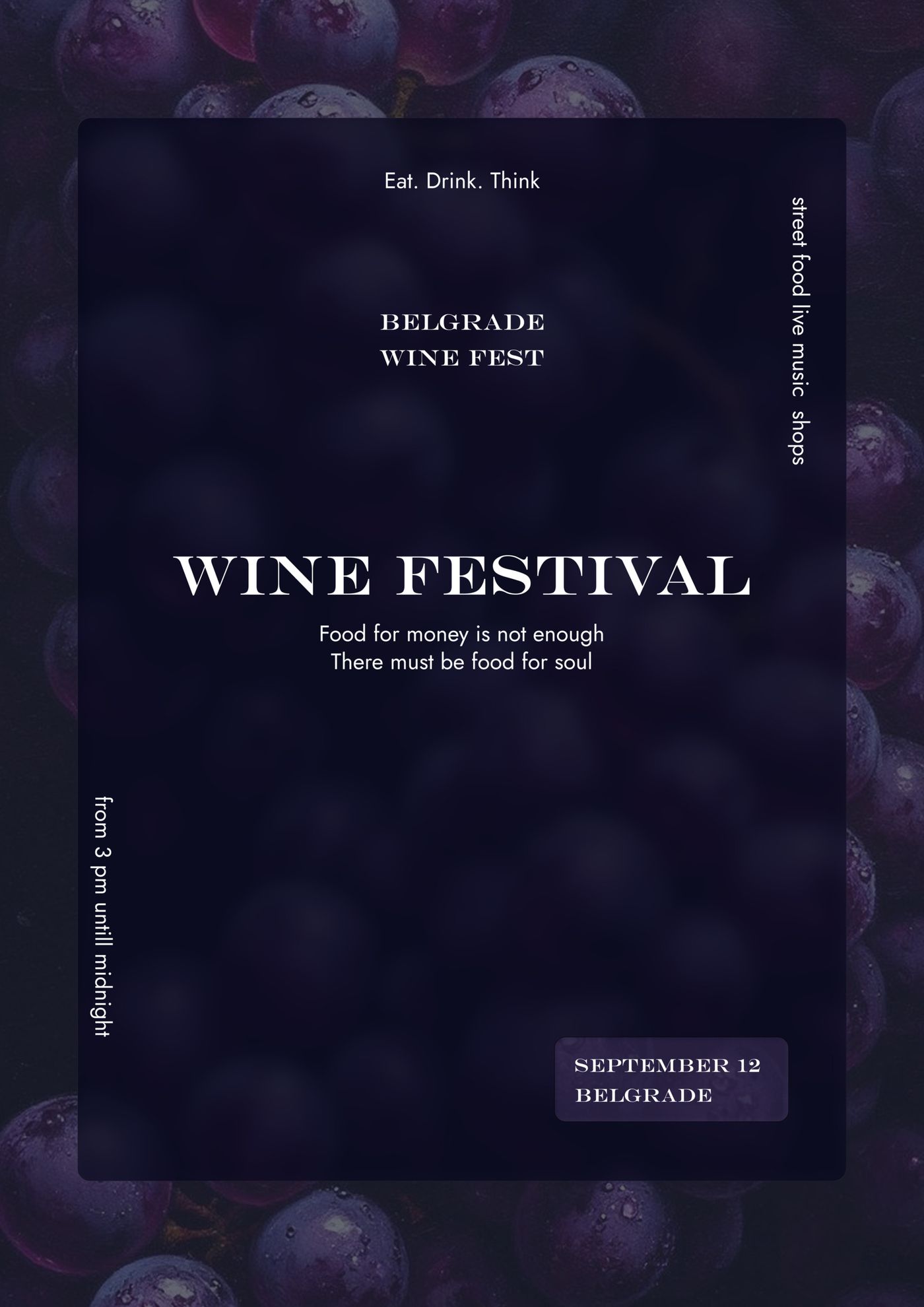 Belgrade Wine Festival poster with white type on a dark purple panel, grapes around the border, a September 12 date and vertically set event details.