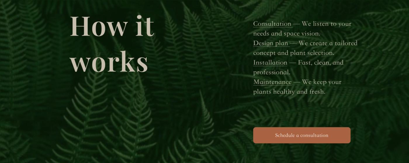 How it works heading beside four process steps and a consultation button over dark fern leaves.