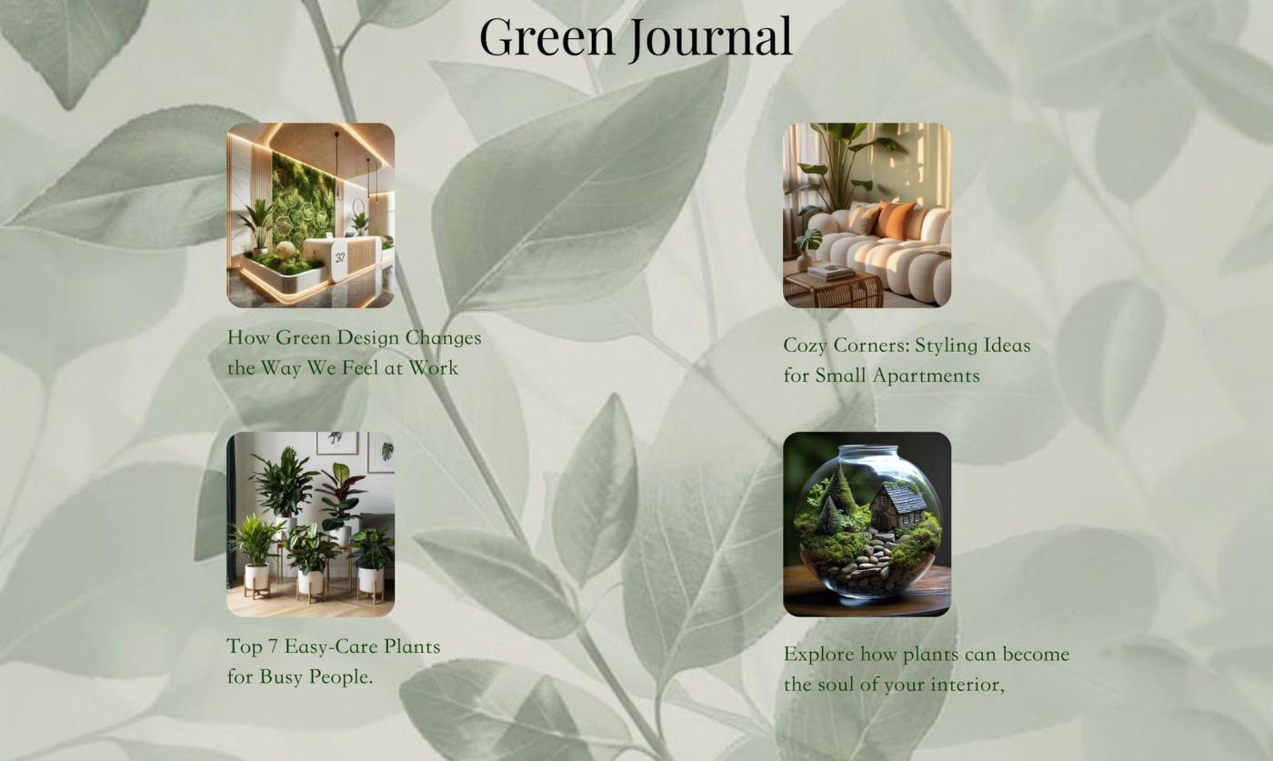 Green Journal section with four illustrated article cards in two columns on a pale leaf background.