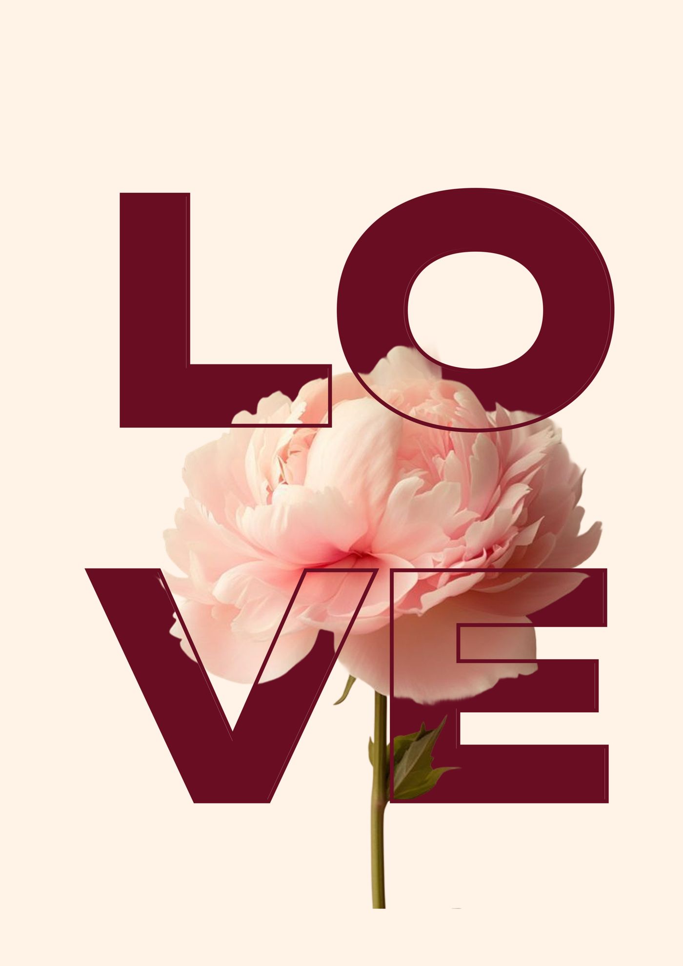 A pink peony overlaps burgundy LOVE lettering arranged in two rows, with outlined letter edges revealing the petals on a cream background.