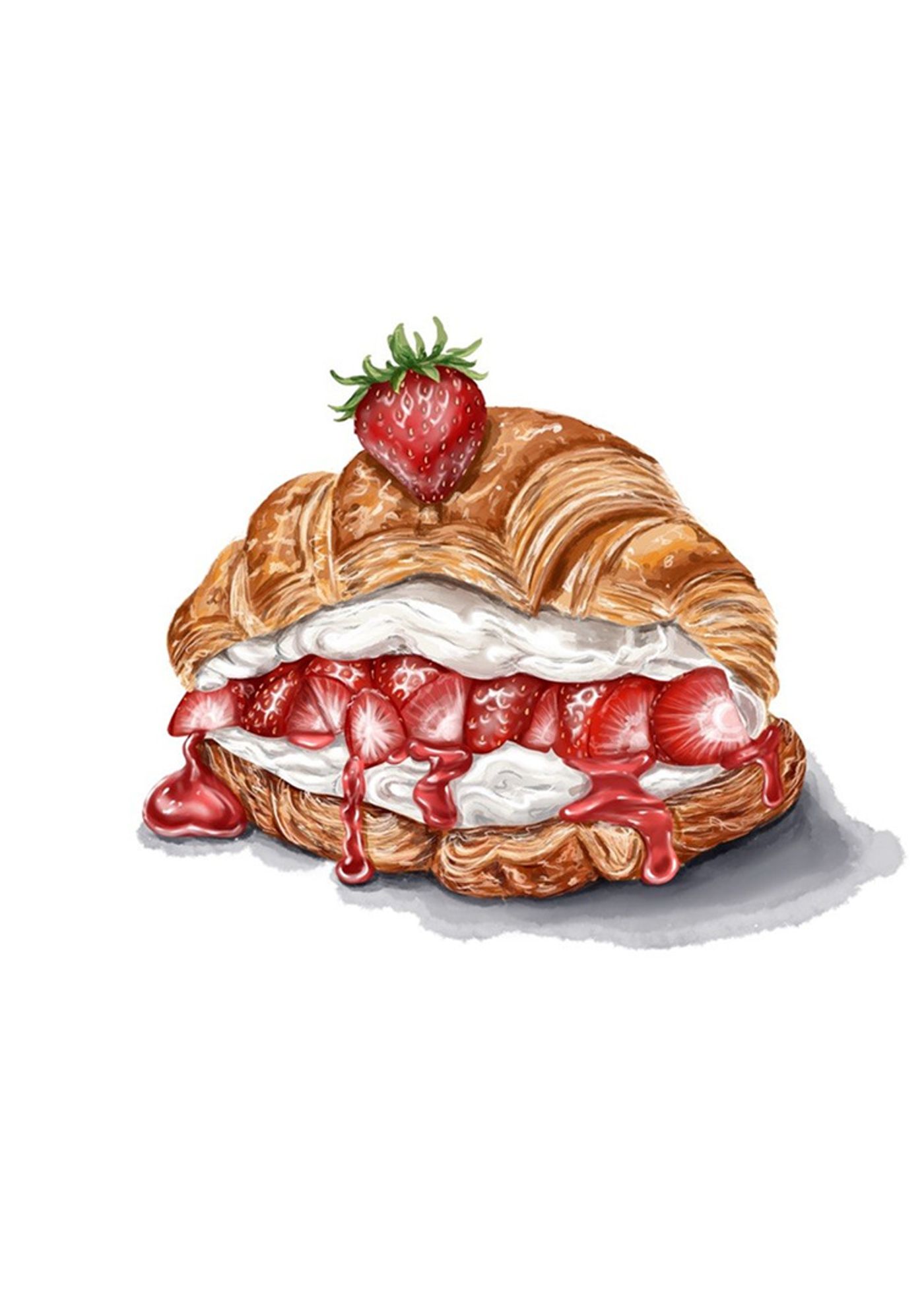 Strawberry cream croissant, realistic digital illustration