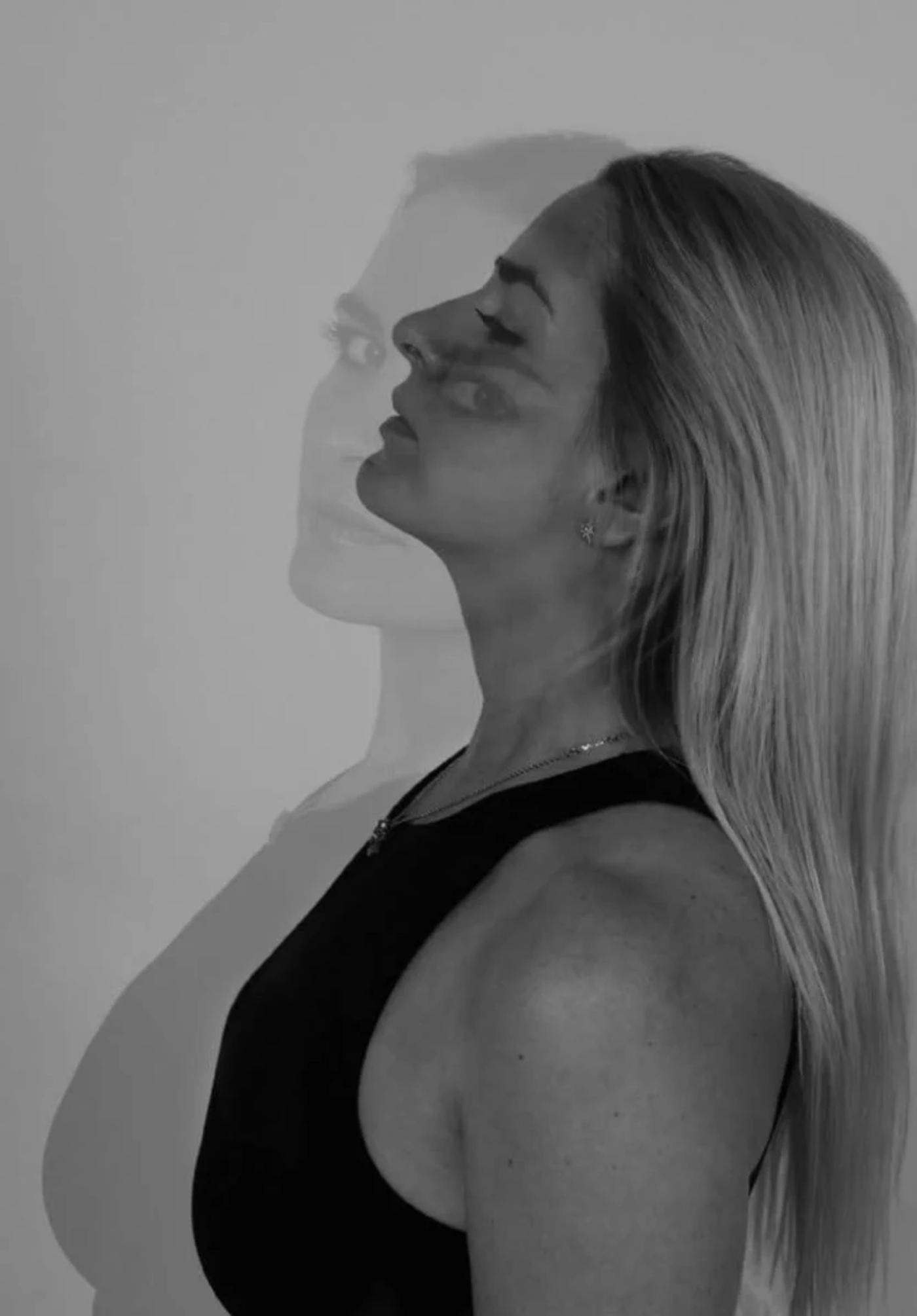 Elena in profile, black and white portrait