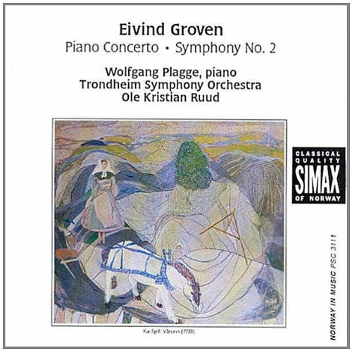Omslag CD. Bilde: tegning av kvinne som pløyer med hest, Kai Fjells 'Våren'. Tittel øverst: Eivind Groven Piano Concerto * Symphony no 2. Wolfgang Plagge, piano. Trondheim Symphony Orchestra. Ole Kristian Ruud. Til høye logoen for SIMAX.