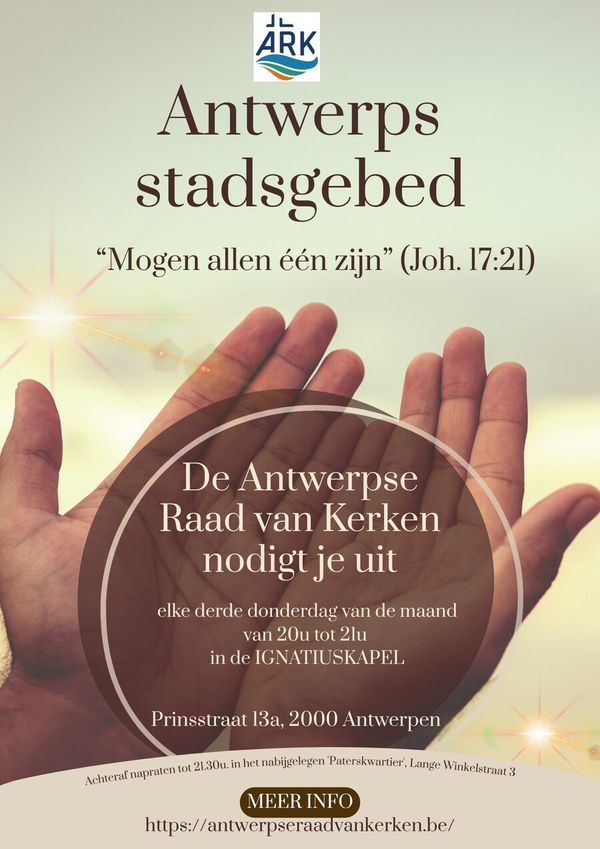 Flyer Antwerps stadsgebed – elke derde donderdag van de maand van 20u tot 21u in de Ignatiuskapel