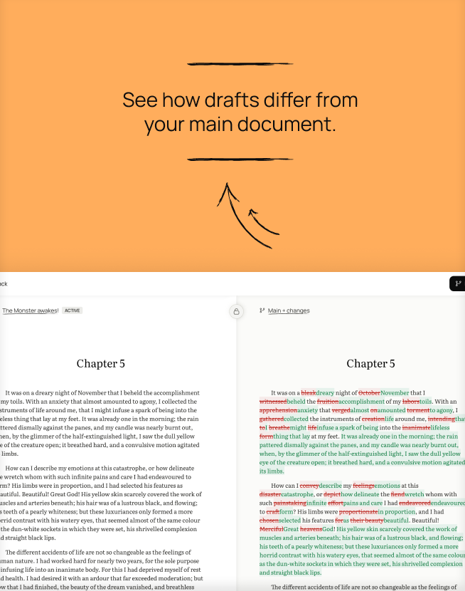 See how drafts differ from your main document.