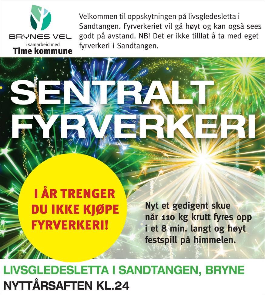 Brynes Vel vil også i år ha felles fyrverkeri i Sandtangen.