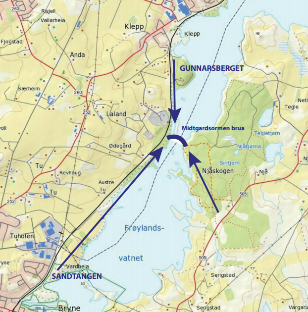 Om mindre enn tre måneder er det klart for åpning av Midgardsormen, brua over Frøylandsvatnet. 230 meter flott arkitektur vil da knytte turstien langs vestsida av vatnet sammen med Njåskogen.