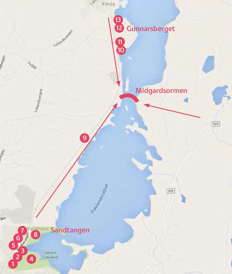 Program for åpning av Midgardsormen Lørdag 7. mai kl. 12-16. Snorklipping og festløype for hele familien på dagen og lystenning klokken 22:00