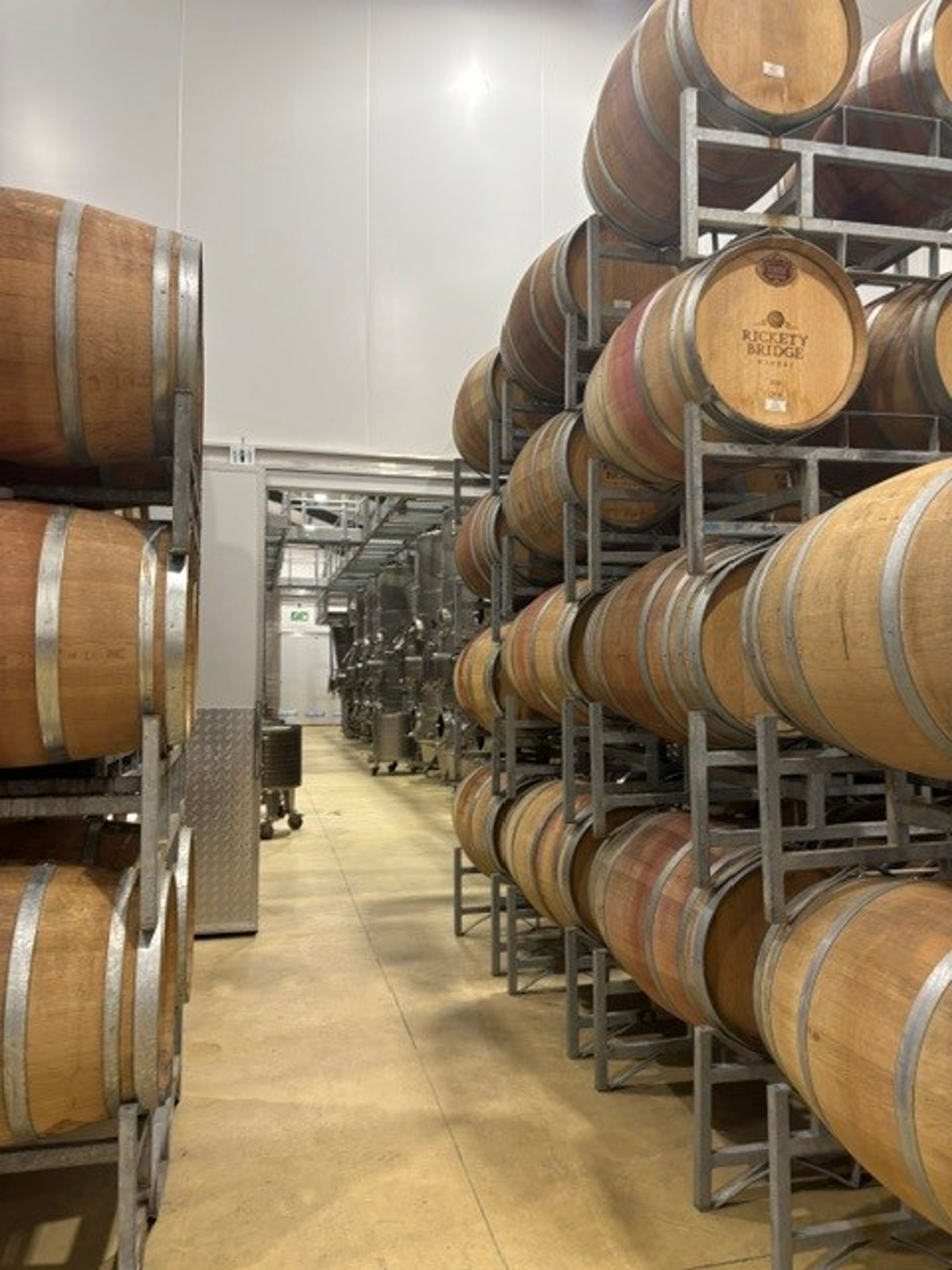 Rows of barrels in the Rickety Bridge cellar