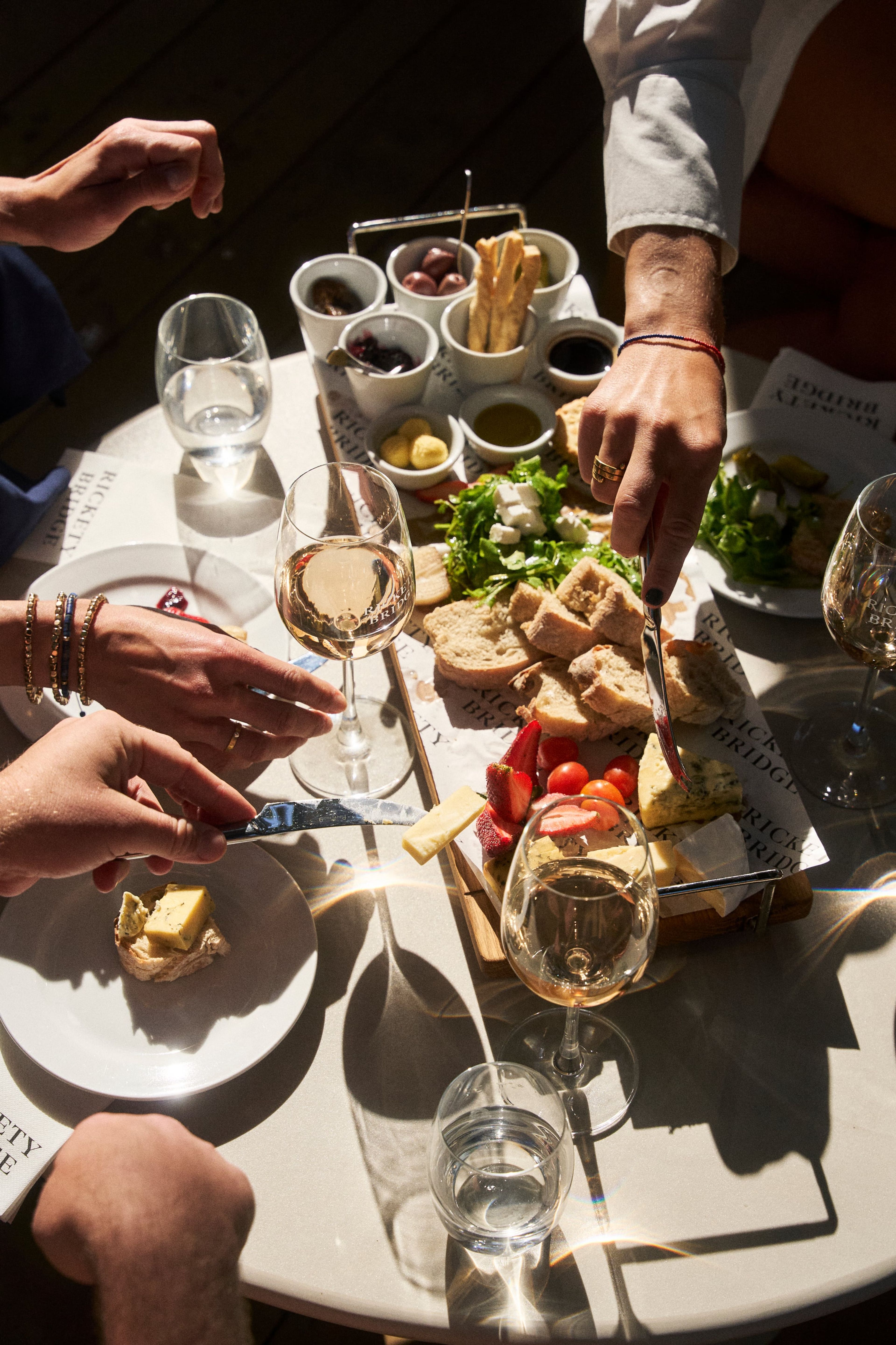 Wine and a cheese platter at the Rickety Bridge tasting centre